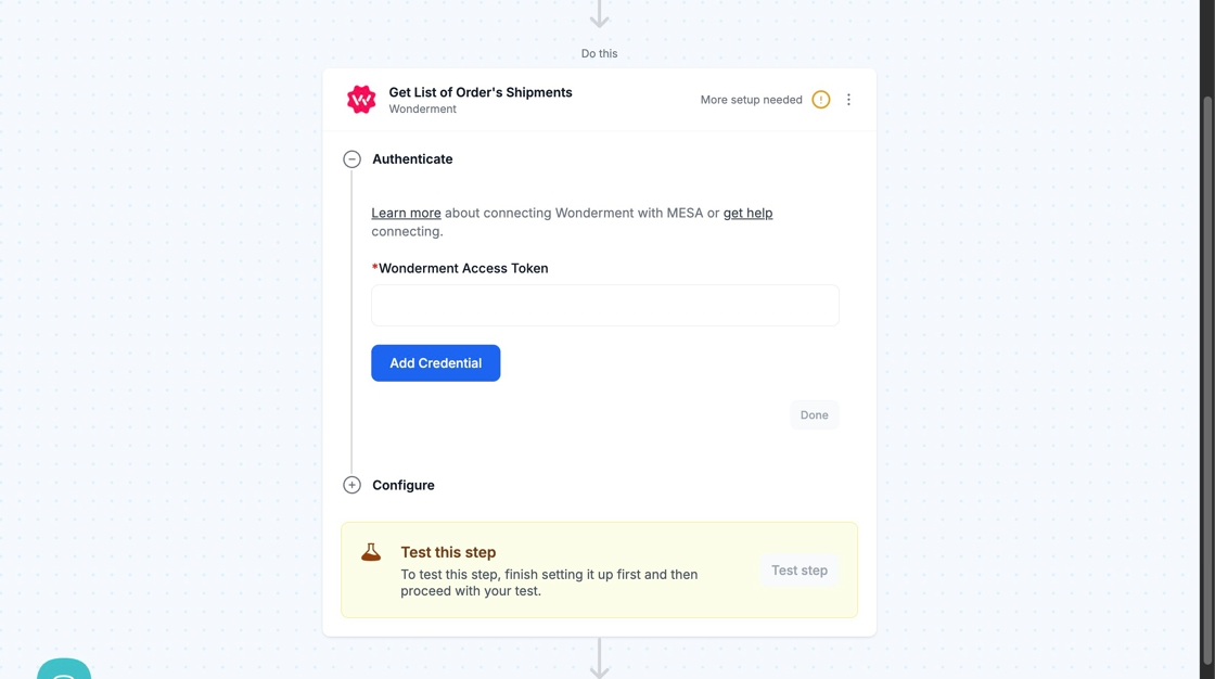 Screenshot of the Wonderment step in the MESA workflow builder. Spotlight the Connection setup prompt to connect MESA with Wonderment.