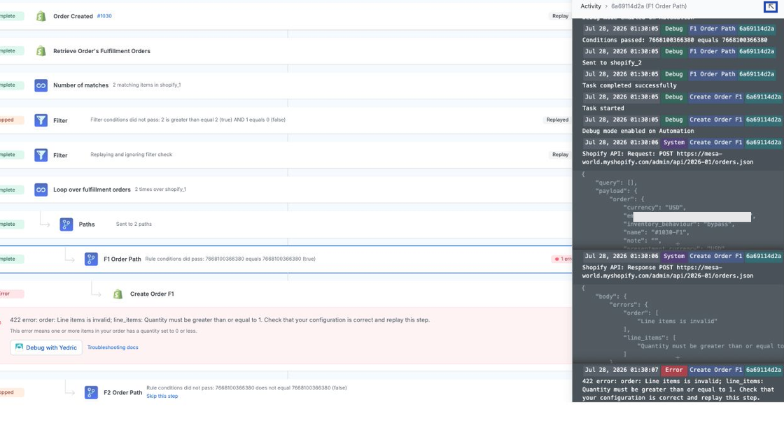 Screenshot of Create Orders from Split Fulfillments Activity tab, open ... menu on error, click Variables. Spotlight Logs expand arrow in the top right.