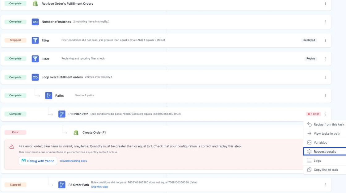 Screenshot of Create Orders from Split Fulfillments Activity tab, open ... menu on error, spotlight Request details button.