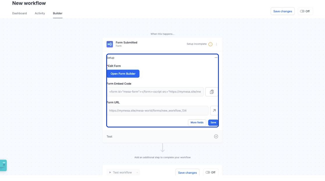 Screenshot of the MESA Form trigger step expanded to show the Setup sub-menu where you edit the form, copy the embed code, and copy or view the Form URL. Spotlight the Setup section.