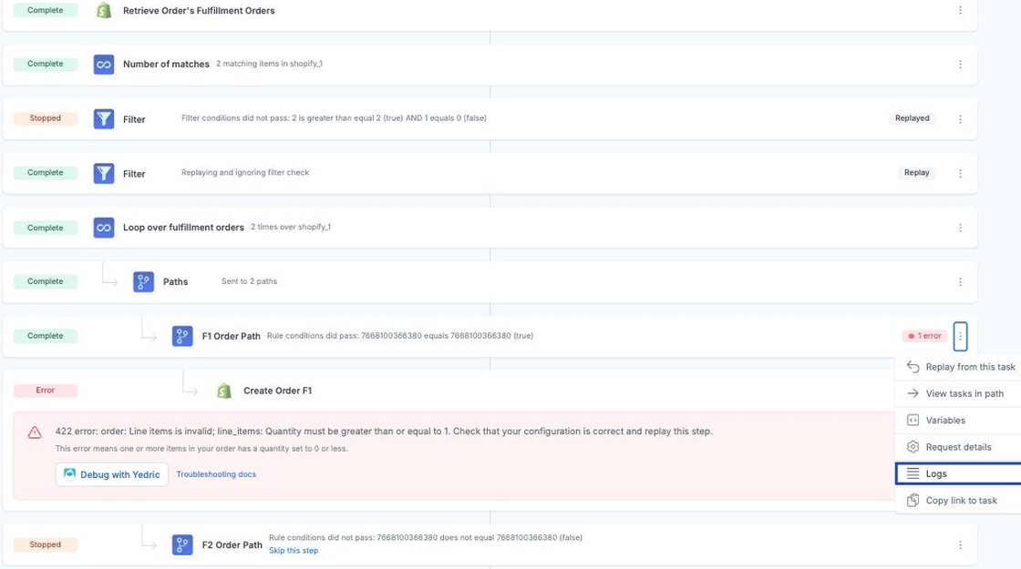 Screenshot of Create Orders from Split Fulfillments Activity tab, open ... menu on error, spotlight Logs button.