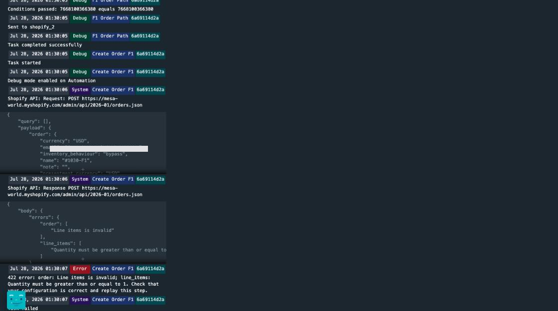 Screenshot of Create Orders from Split Fulfillments Activity tab, open ... menu on error, click Variables. Click Logs click arrow in the top right, screenshot the logs fullscreen page.