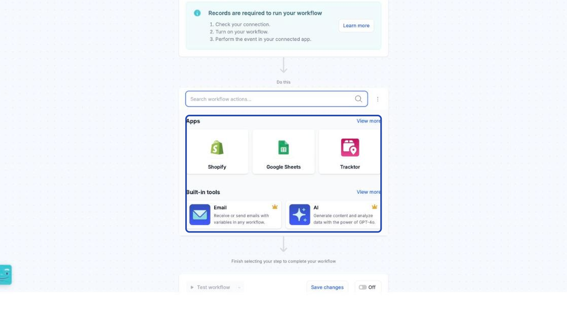 Screenshot of the MESA workflow builder showing what displays when selecting Action, with the list of apps and built-in tools to add as a step. Spotlight the Action app and tool list.