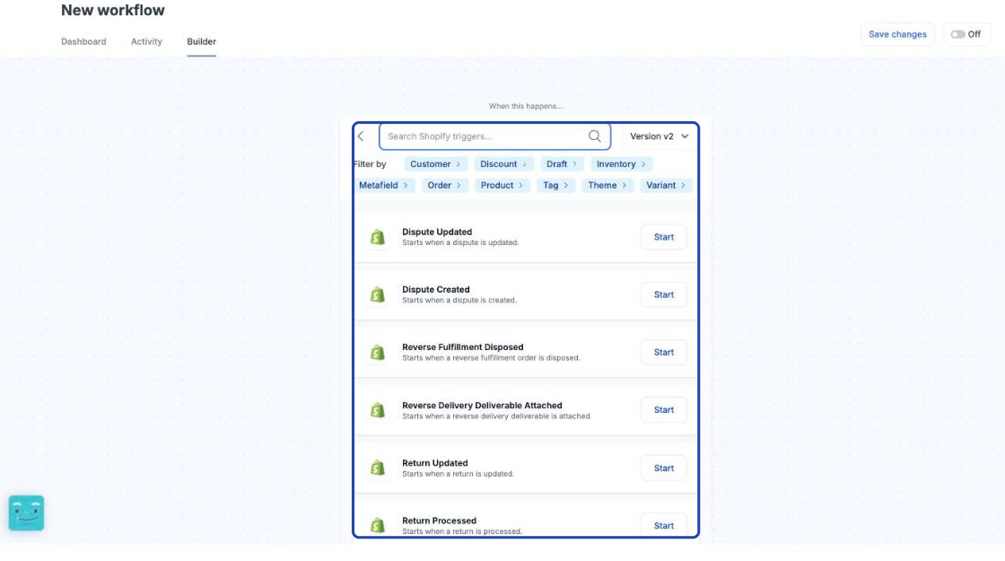 Screenshot of the MESA workflow builder after selecting the Shopify app, showing the list of trigger events with a filter field. Spotlight the trigger events list and filter field.