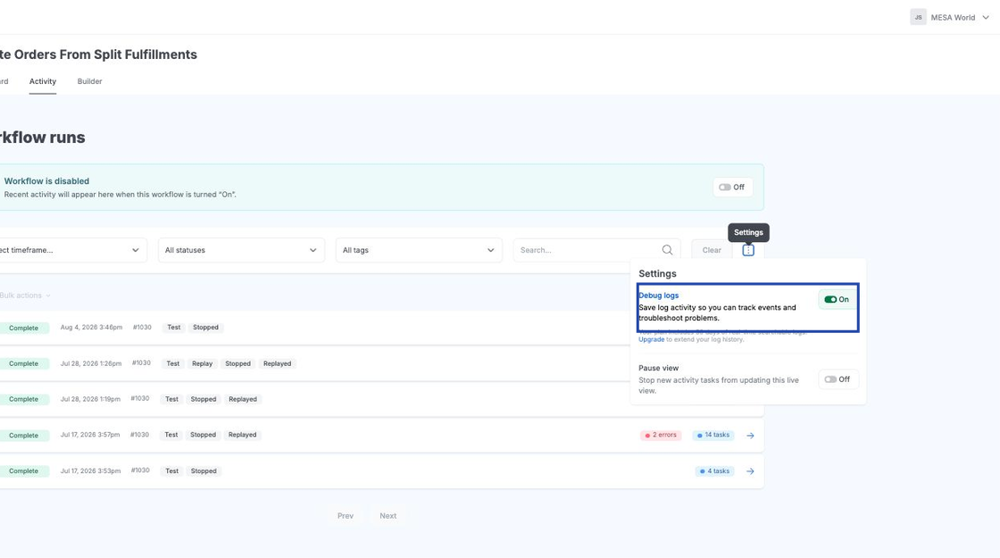 Screenshot of Create Orders from Split Fulfillments Activity tab, open ... menu on trigger, spotlight the Debug logs setting.
