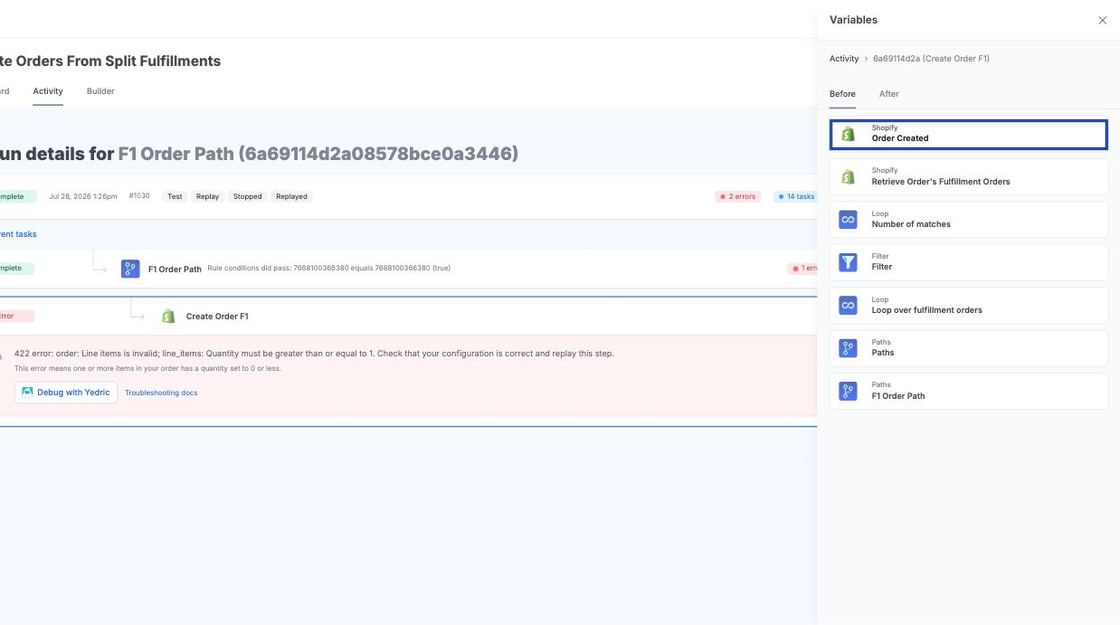 Screenshot of Create Orders from Split Fulfillments Activity tab, open ... menu on error, click Variables, spotlight Trigger (Shopify) button.