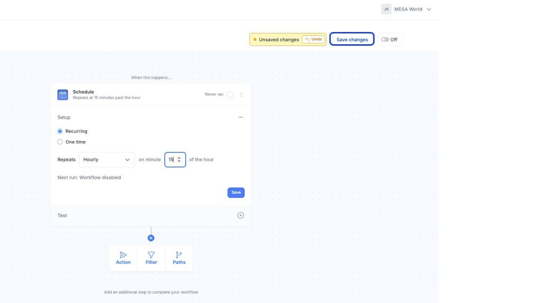 Screenshot of the MESA workflow builder showing the yellow Unsaved changes message next to the Save changes button at the top right. Spotlight the Save changes button.