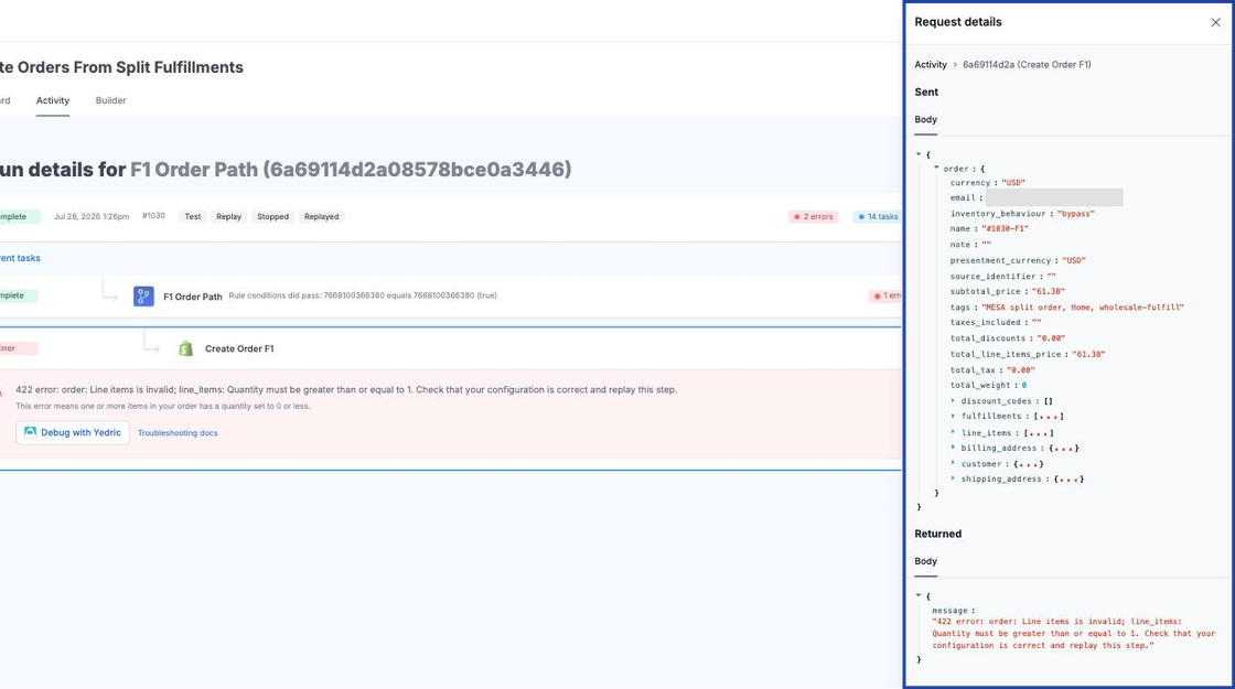 Screenshot of Create Orders from Split Fulfillments Activity tab, open ... menu on error, click Request details. Spotlight side sheet.