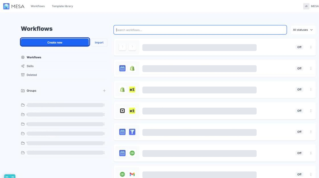 Screenshot of the MESA My workflows page where you start building a workflow from scratch. Spotlight the New workflow button on the right side.